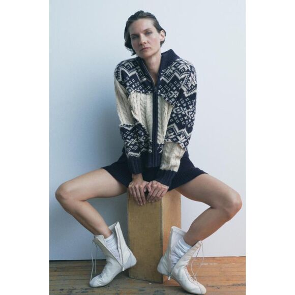 Navy White Zara Fair Isle Cable Knit Zip Front Collared Cardigan Sweater, NWT - Picture 6 of 9